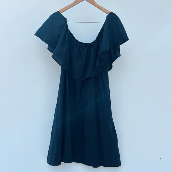 Anine Bing Off The Shoulder Ruffle Cotton Linen Short Mini Dress Small Black - Picture 2 of 8